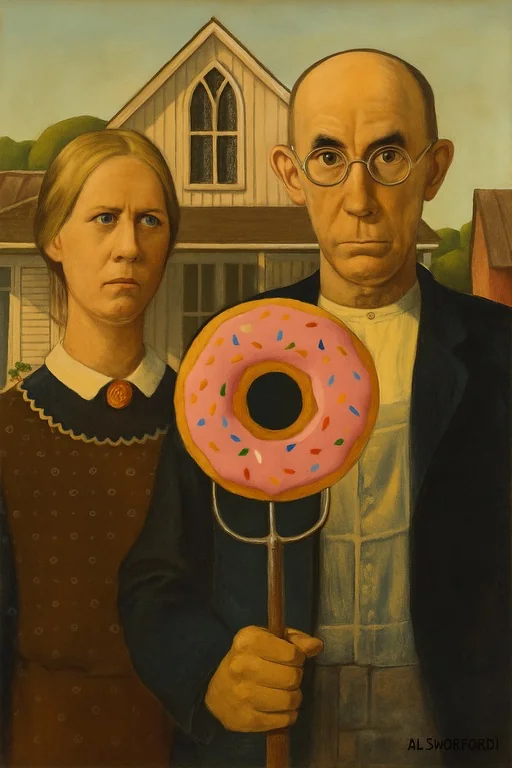 Painting on the shop wall: a farm couple holding a pitchfork topped with a sprinkle donut