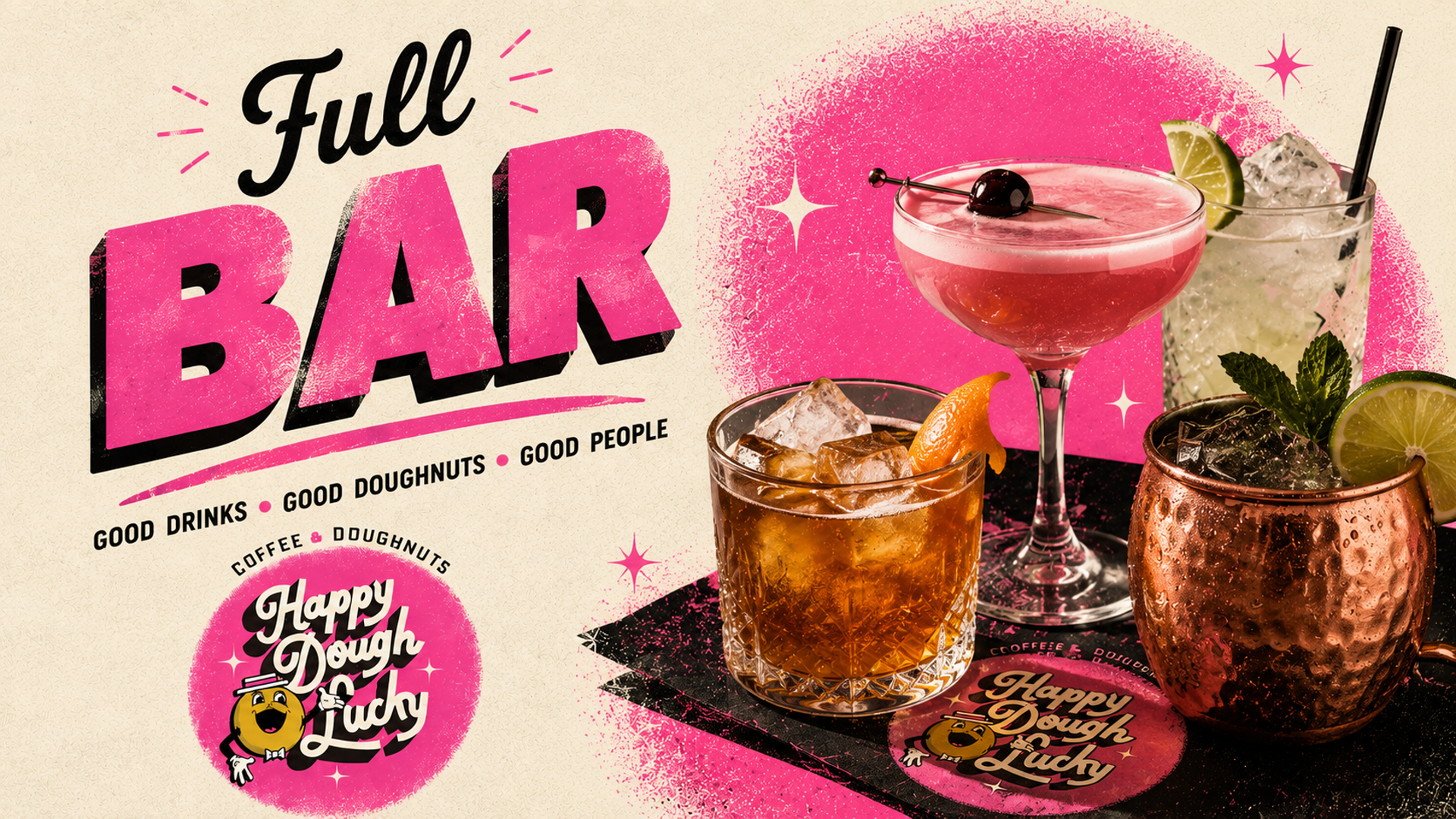 Poster: Full Bar — cocktails on a Happy Dough Lucky coaster
