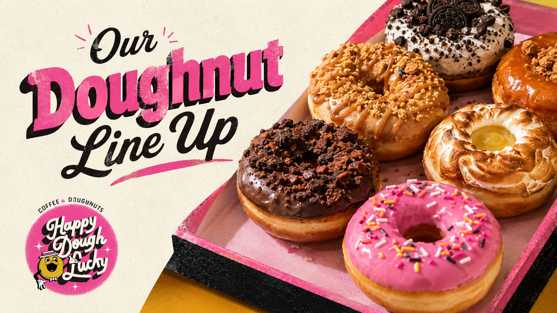 Poster: Our Doughnut Line Up — a tray of loaded donuts on a pink tray