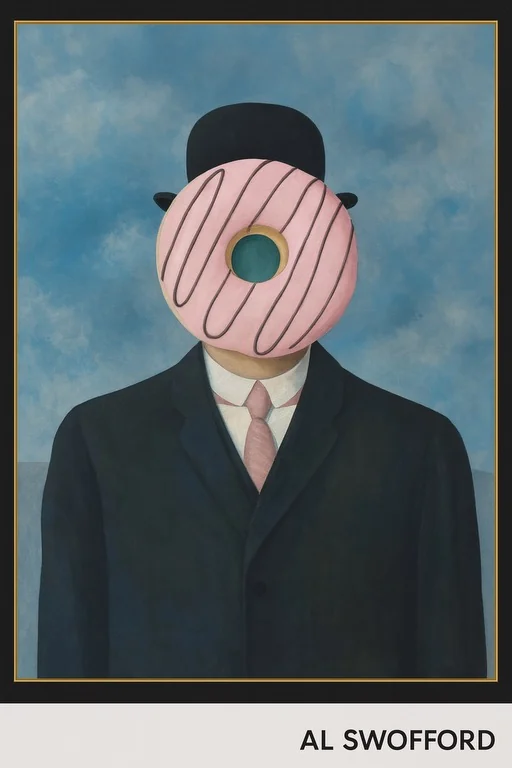 Painting on the shop wall: a man in a bowler hat with a pink donut for a face